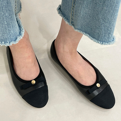 W-11699 여성 리본 플랫슈즈 배색 단화 데일리 신발